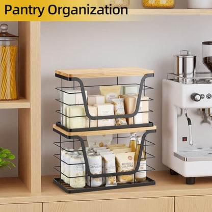 2 Pack Storage Stackable Kitchen Laundry Organizers with Bamboo Top, Large Trash Bag Holder and Small Garbage Bag Dispenser for Countertop Organization