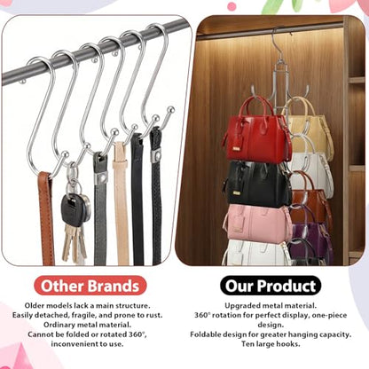 4 Pack Purse Organizer for Closet, Purse Hanger with 10 Big Hooks, 360 Degree Rotation Bag Holder for Organizer Display, Foldable Space Saving Hangers Rack for Handbag, Belt, Scarve, Tie