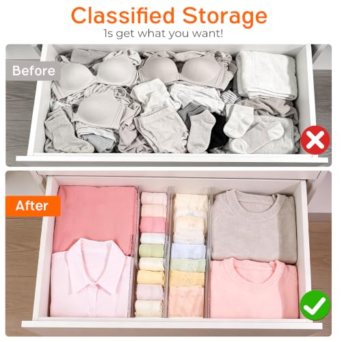 4 Pack 4" High Drawer Dividers for Clothes, 10.2"-16.5" Expandable Dresser Drawer Organizers, Adjustable Plastic Clear Drawer Separators for Kitchen, Baby Clothing, Socks, Underwear, Bedroom