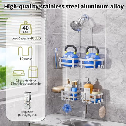 Aluminum Shower Caddy Hanging,Shower Caddy, Never Rust Shower Organizer | 4 Levels with adjustable Height 10 Hooks for Razor/Sponge - Rack with Soap Basket (Silver)