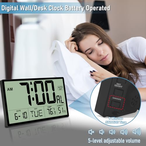 9‘’ Narrow Bezels Battery Operated Digital Wall Clock with Temperature and Humidity - Auto DST, Large 2⅝'' Digits, 5-Level Volume Alarm (3 AA Included) - Wall Mount/Desktop for Office Bedroom Kitchen