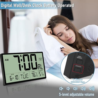 9‘’ Narrow Bezels Battery Operated Digital Wall Clock with Temperature and Humidity - Auto DST, Large 2⅝'' Digits, 5-Level Volume Alarm (3 AA Included) - Wall Mount/Desktop for Office Bedroom Kitchen