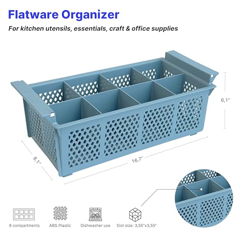 Flatware Rack – 8-slot Plastic Cutlery Basket – Large 16" Organizer for Knives, Forks, Spoons, Silverware, Kitchen Utensils, Essentials, Craft & Office Supplies – Dishwasher Basket