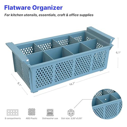 Flatware Rack – 8-slot Plastic Cutlery Basket – Large 16" Organizer for Knives, Forks, Spoons, Silverware, Kitchen Utensils, Essentials, Craft & Office Supplies – Dishwasher Basket