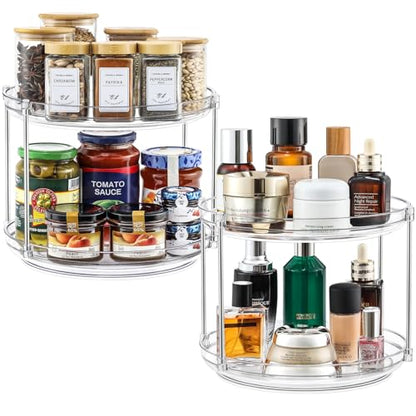 2 SET 2 Tier Non-Skid Acrylic Lazy Susan Organizer - Rotating Spice Rack - Turntable Spinning Organization for Kitchen, Pantry, Countertop, Closet, Bathroom, Vanity, Medicine Cabinet Organizing,9.25''
