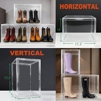 3 Pack XXX-Large Tall Boot Storage Organizer, 17.3x13x13'' Display Case | Shoe Boxes Extra Large Helmet Showcase Clear Stackable Hangbag Tote Bag with Magnetic Lid, 3 Pack Boxes with 2 Shoe Bags
