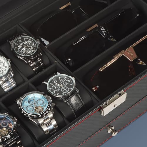 Jewelry Box for Men, 6 Slot Watch Box Jewelry Organizer With Drawer, Watch Case for Men with Large Window, 2-Layer Watch Holder, Sunglasses Storage Organizer, Velvet Lining, Fathers Day Gift