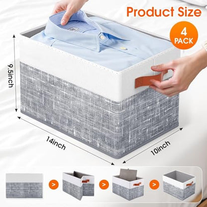 Collapsible Storage Baskets for Shelves,14"x10", 4 Pack Foldable Fabric Storage Bins with Double Leather Handles, Large Baskets for Organizing Books, Clothes, White & Grey