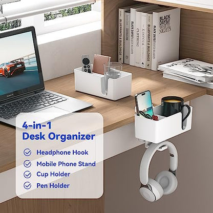 KDD 4-in-1 Desk Organizer - Under Desk Cup Holder and Headphone Hanger with 2 Wire Holes - Rotating Hanger and Detachable Storage for Cup, Phone and Pen (White)