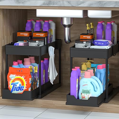 MEAFBIRD 2 Pack Under Sink Organizer, 2 Tier Bathroom Cabinet Organizer with Sliding Basket, Multi-Purpose Under Sink Organizers and Storage for Bathroom Kitchen (Black 2 Pack)
