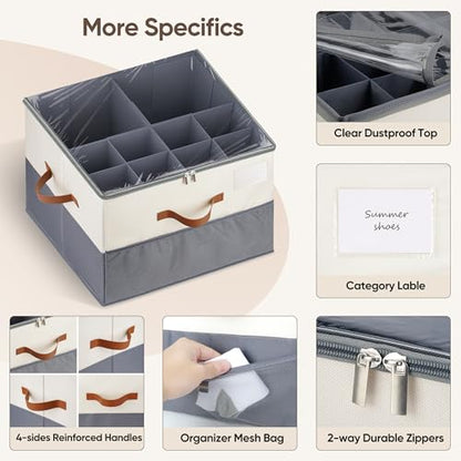 Shoe Organizer for Closet, 2 Pack Shoe Storage Containers with Adjustable Dividers, Space Saving Shoe Box Organizers Bins with Clear Lids & 4 Handles, Fits 16-32 Pairs, Beige & Grey