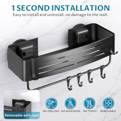 Onemake Suction Cup Shower Caddy, Shower Shelf, Bathroom Organizer, Black | No-drill Rustproof Aluminum Removable Caddy with Hooks, Wall Mounted Shower Organizer, Corner Shampoo Holder for Bathroom