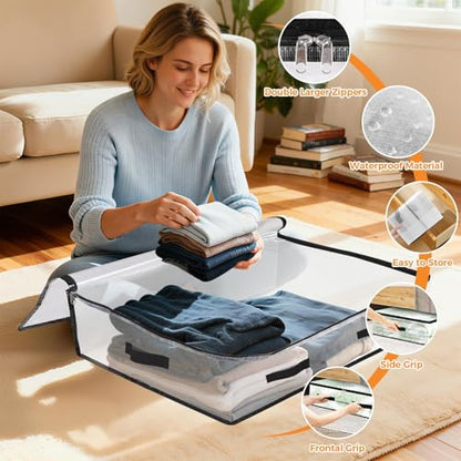 6 Pack Under Bed Storage Bags, 60L Foldable Clear Containers with Handles | Dual Zipper Storage Bins for Comforters, Bedding, Blankets, Closet Organizer for Clothes, Linen Sheets, Sweaters