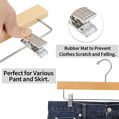 20pcs Wooden Pants Hangers Solid Pants Hanger with Adjustable Clips 14 Inch Natural Wood Skirt Hangers Trousers Bottom Hanger with Non-Slip Clips and 360° Swivel Hook