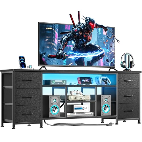 Furologee LED TV Stand for 65, 70 Inch TV, 63 Inch Entertainment Center with Power Outlets, 6 Fabric Drawers Dresser for Bedroom, Media Console with Open Shelves, PU Leather Surface, Black