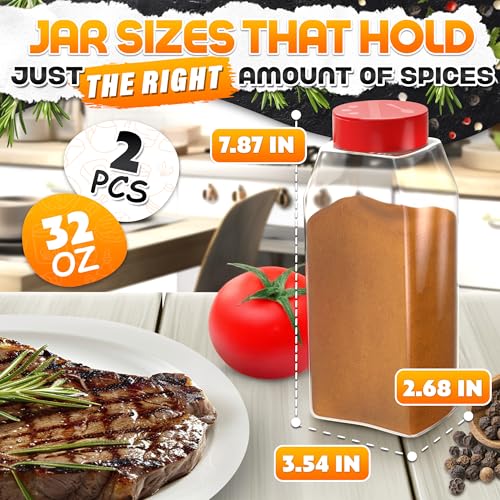 2 Pcs Seasoning Containers, 32 oz, Dual Flip-Top Lids, Plastic | Large Spice Shaker Set; Food-Grade Plastic, Airtight Seal, Wide Mouth; for BBQ Rubs, Bulk Spices, Loose Leaf Tea & Crafts