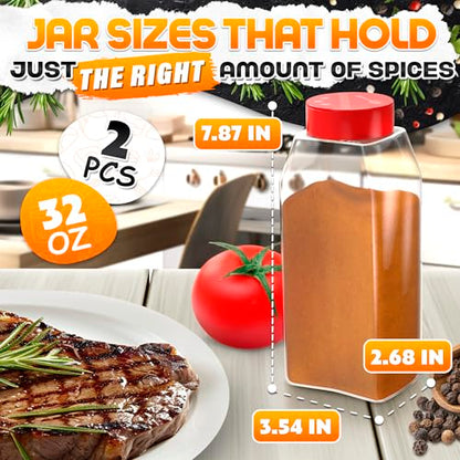 2 Pcs Seasoning Containers, 32 oz, Dual Flip-Top Lids, Plastic | Large Spice Shaker Set; Food-Grade Plastic, Airtight Seal, Wide Mouth; for BBQ Rubs, Bulk Spices, Loose Leaf Tea & Crafts