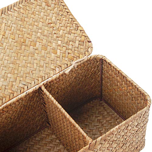 Seagrass Tank Basket with Lid Woven Toilet Roll Storage Basket with Sections Rectangular for Organize Snack Toys Tampon (Large Compartment 16.5inch L x 5.5inch W x 5.5inch H) Natural