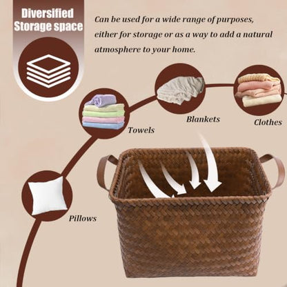 BROWNLILY Handwoven Clothes Basket Laundry Hampers Large Wicker Storage Baskets for Shelves Blankets Closet Storage Bins Car Bedroom Bathroom Organizers and Storage Bath (Pack of 4, Brown)