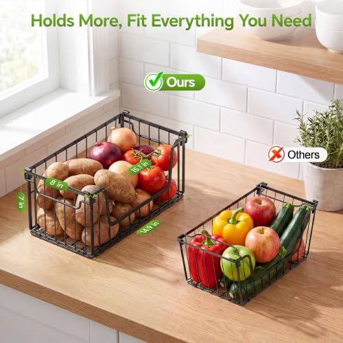 4 Pack Foldable Wire Basket for Pantry Organizers and Storage, Stackable Vegetable Fruit Basket for Kitchen Counter, Black Potato and Onion Storage Bin