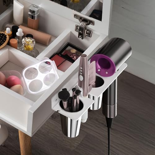 Hair Tool Organizer Wall Mount, White Acrylic Hot Tool Holder with 2Cups, Bathroom Hair Styling Accessories Storage Organizer for Flat Iron, Blow Dryer, Curling Wand