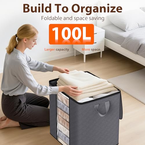 SpaceWhisper 3 Pack 100L Clothes Storage, Foldable Storage Bags, Grey | Thick Fabric, Clear Window, with Reinforced Handle, for Clothing, Blanket, Comforters, Bedding Organizing