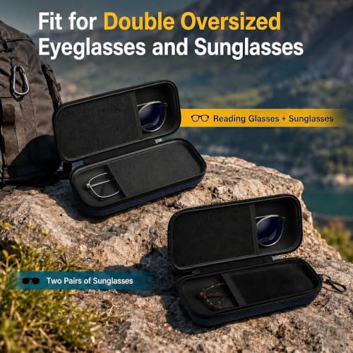 Double Oversized Eyeglasses Case Dual Sunglasses Case Hard Shell Glasses Case with Clip Metal Carabiner Travel
