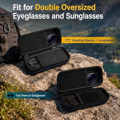 Double Oversized Eyeglasses Case Dual Sunglasses Case Hard Shell Glasses Case with Clip Metal Carabiner Travel