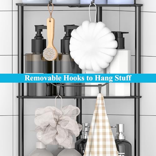 4 Tier Floor Standing Corner Shower Caddy Organizer Shelf with Hooks, Bathroom Shelves Stand Rack, Black | Adhesive Bathroom Organizer Shelves, Free Standing Shower Rack with Hooks, Hold Large Shampoo Bottles