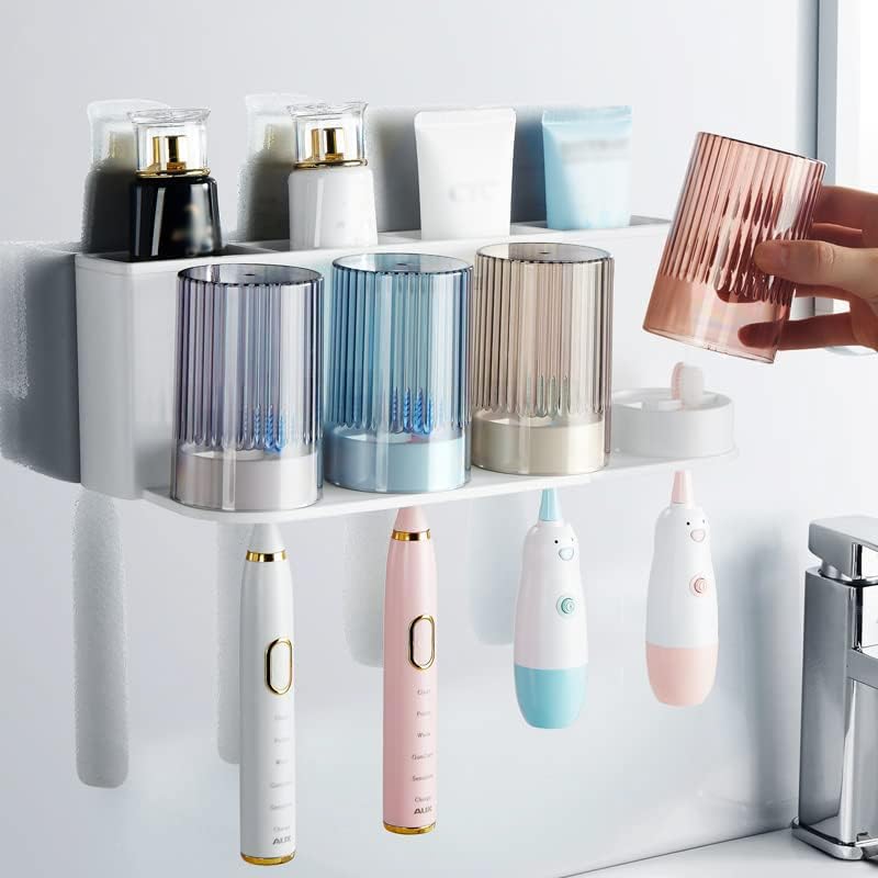 So Nice Toothbrush Holders for bathrooms Accessories Wall Mounted,Electric Shower Toothbrush Holder White Plastic toothbrushes Holder Set for Kids with 4 Cups
