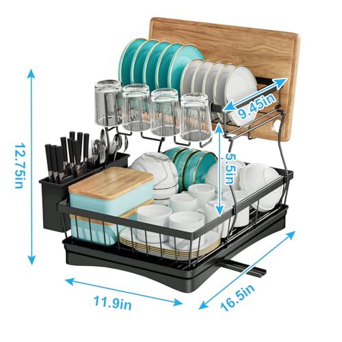 7 code 2-Tier Large Dish Drying Rack for Kitchen Counter, Black | Detachable Large Capacity Dish Drainer Organizer with Auto Drain, Anti-Rust Dish Rack with Cup & Utensil Holders