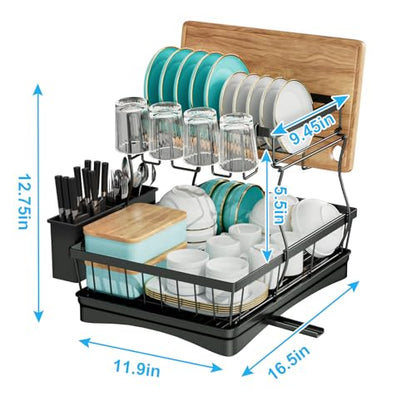 7 code 2-Tier Large Dish Drying Rack for Kitchen Counter, Black | Detachable Large Capacity Dish Drainer Organizer with Auto Drain, Anti-Rust Dish Rack with Cup & Utensil Holders