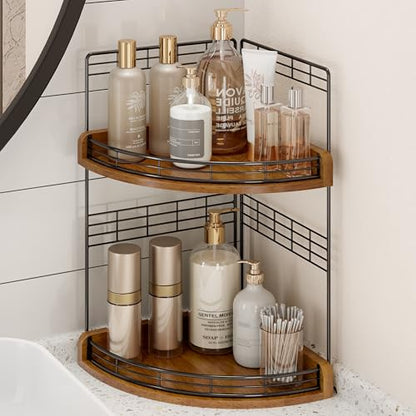 Bathroom Countertop Corner Organizer for Small Spaces, 2-Tier Counter Shelf | Oak Wood & Iron, Fan-Shaped Counter Shelf for Sink & Vanity Corners, Skincare, Toiletries, Compact Vertical Storage, Walnut