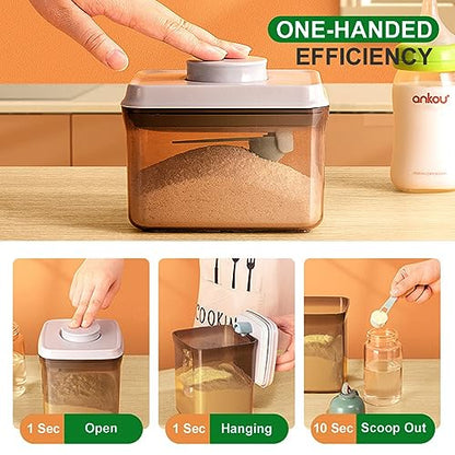 One-Push Formula Container, 2300ml Formula Dispenser with Scoop and Scraper, Milk Powder Container with Lids, BPA-Free Airtight Food Storage Container 1000g Large Capacity,Dark Brown, Rectangle