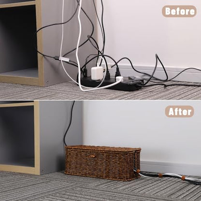 BROWNLILY Cable Management Box, Rattan Style Cord Organizer for Desk Cord Hider Outlet Covers for Power Strip TV PC Router Charger Under Desk Storage with Lockable Lid and Cable Ties
