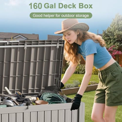 160 Gallon Deck Box, Heavy-Duty Double-Wall Outdoor Storage Box Waterproof for Patio Furniture Cushions & Garden Tools, Lockable Resin Storage Bench with Piston Hinge, Gray