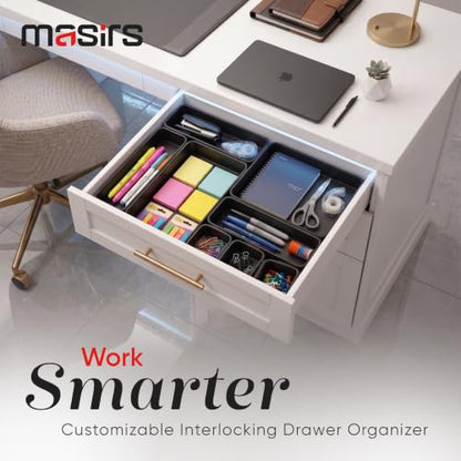 Masirs Interlocking Drawer Organizer Bins 8 Pcs, Desk Drawer Tray Set | Tool Box Organizer Tray, Kitchen Office Garage, Modular Plastic, 3 Sizes (2 Lg 3 Med 3 Sm), Black, Custom Layout