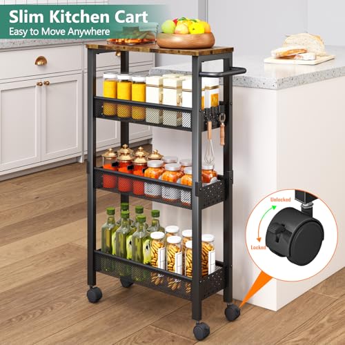 Vivihomety 4-Tier Slim Utility Rolling Laundry Cart with Wheels, Metal | Narrow 7.1" wide, Lockable wheels, wood top panel, metal frame, with handle, for laundry, bathroom, kitchen, black