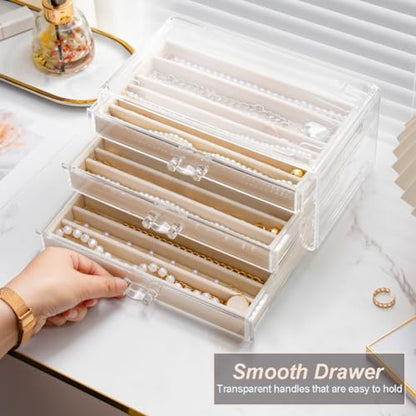 YUFONG Necklace Holder Organizer, Dustproof Necklace Box Velvet Necklace Organizer Box with Lid Clear Acrylic Dustproof Stackable Jewelry Displays for Necklaces Chain Display (Beige, 5 Drawer)