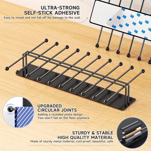 Tie Rack Wall Mounted, Tie Organizer for Men, Tie Rack Hanger for Closet Metal, Adhesive Tie Holder Organizer with 20 Hooks, Tie Storage for Wall Bedroom Living Room Dresser Room (Black)
