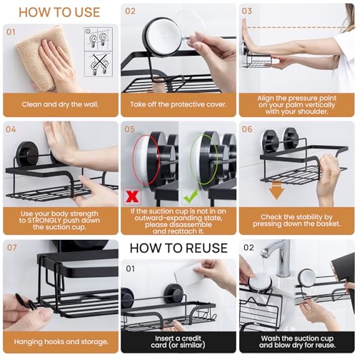 2 Pack Shower Caddy Suction Cup, Shower Shelves for Inside | Rustproof Bathroom Storage, NO Drill Bathroom Organizer, Heavy Duty Storage Basket, Black Shower Caddies, Metal Shower Shelf
