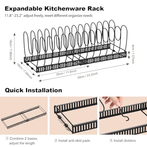 Housolution Pot and Pan Lid Organizer Holder Storage Rack, Black | 12"-23" Expandable, 14 Adjustable Dividers, Sturdy Metal Construction, Easy Assembly