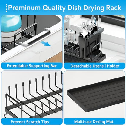 Sink Dish Drying Rack - Expandable Small Dish Rack Over Sinks with Silicone Drying Tray, Dish Drainer for Kitchen Counter with Cutlery Holder, Drying Rack Fit for 14’’-19’’ Kitchen Sink