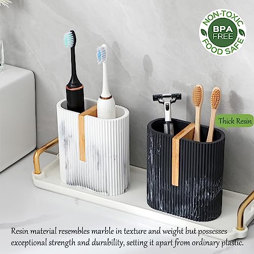 Toothbrush Holders for Bathroom, Bamboo Toothbrush Stand, Marble White | Electric Toothbrush and Toothpaste Organizer for Bathroom Sink Countertop Storage, Modern Brushing Accessories
