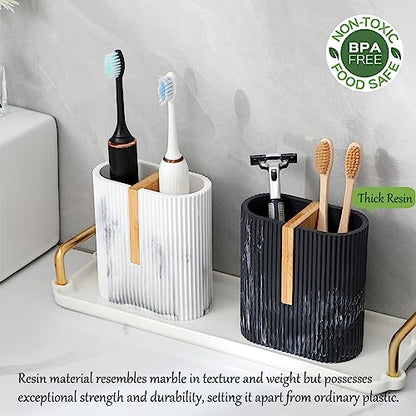 Toothbrush Holders for Bathroom, Bamboo Toothbrush Stand, Marble White | Electric Toothbrush and Toothpaste Organizer for Bathroom Sink Countertop Storage, Modern Brushing Accessories
