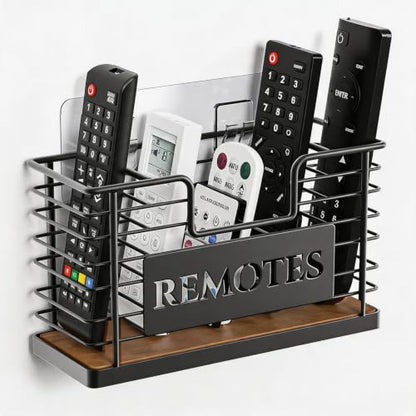 Remote Control Holder, 5-Slot TV Remote Holder Wall Mount, Universal Remote Caddy Large Size Design for Wall Table Living Room Bedroom, Easy Installation, Brown