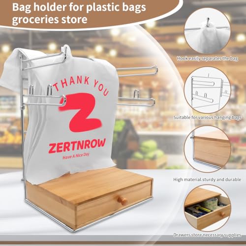 Detachable Plastic Grocery Bag Holder with Wooden Drawers Base | Contains 200 Count Plastic Bags, Chrome Plated T-Shirt Bags Rack with Stores, Grocery Store，Supermarkets, Homes, Kitchens