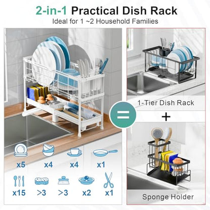 Narrow 2 Tier Dish Drying Rack - Expandable for Small Kitchens & RVs | Compact 7 in Deep, Expands 15.7-20.7 in, 360° Rotating Drain Spout, Removable Utensil Holder, Ideal for 1-2 People, White