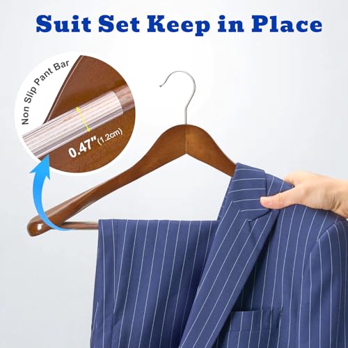 HOUSE DAY Wide Shoulder Wooden Hangers, Suit Hangers with Non Slip Pants Bar, Smooth Finish 360° Swivel Hook Solid Wood Coat Hangers for Dress, Jacket, Pants, Heavy Clothes Hangers 6 Pack (Walnut)
