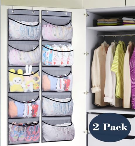 Hanging Shelves Over the Door Organizer Storage for Closet with 5 Pockets Organizer for Bedroom Bathroom, 2 Pack（Grey）